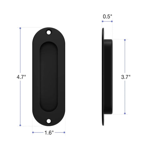 Side and front view of Stainless Steel Recessed Finger Pull Handle Half Inch Deep for Cabinets and Furniture with measurements.
