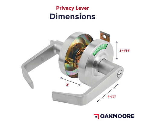 Commercial Door Handle With Vacant Occupied Indicator Restroom Lock for Public Bathrooms showing dimensions and stainless steel finish