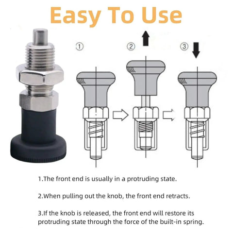Diagram and component of Two Pack Stainless Steel Retractable Ball Nose Spring Plungers With Return Knobs