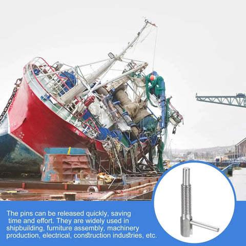 Industrial shipbuilding scene with Retractable Indexing Plunger Pins Set uxcell M6 Stainless Steel Spring Loaded Latch in focus.
