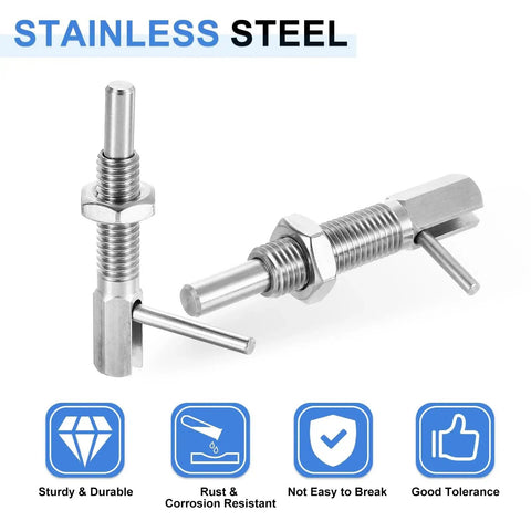 Retractable Indexing Plunger Pin With Nut For Machinery And Shipbuilding, M16 Thread, stainless steel, side and angled views
