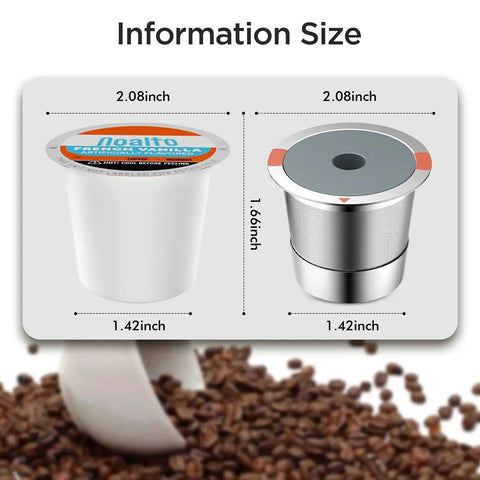 Universal stainless steel reusable K cups for Keurig 1.0 and 2.0 machines dimensions with coffee beans in background