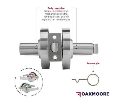 Stainless steel commercial door handle with vacant occupied indicator, shown disassembled for restrooms.