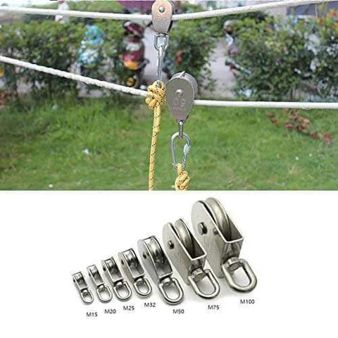 Installed 2-Pack M15 Single Pulley Block Stainless Steel Heavy Duty Hardware Single Wheel Swivel Rigging Lifting Wheel Fixed Pulley for Wire Rope Loading 35kg shown in rope system with various size options M15 to M100 displayed.