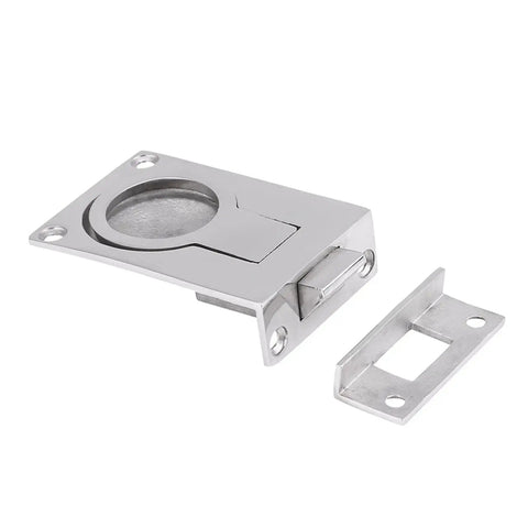 Front view of SparkFeng stainless steel ring-handle hatch lock, marine-grade 316, mirror finish, with strike plate