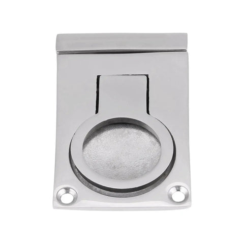 Stainless steel ring pull flush hatch handle on rectangular mounting plate with two screw holes, mirror-polish finish.