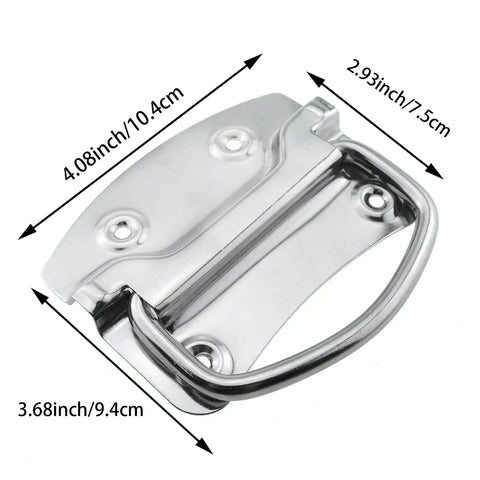 Heavy Duty Stainless Steel Ring Pull Folding Handle Set for drawers, cabinets, doors, tool boxes; includes screws; dimensions shown