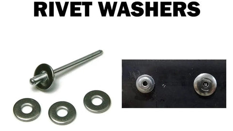 Stainless Steel Rivet Back-Up Washer Kit For 1/8, 5/32, 3/16 Inch Rivets with close-up of washers and installed view