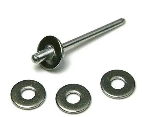 Stainless Steel Rivet Back-Up Washer Kit For 1/8, 5/32, 3/16 Inch Rivets with washers and rivet displayed