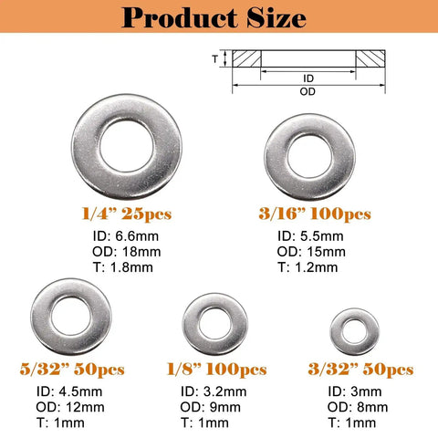 Product size chart of Stainless Steel Washer Set For Blind Rivets 325 Pcs Assortment 3/32 To 1/4 Inch, showing dimensions for different sizes.