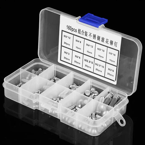 Lightweight Knurled Shank Stainless Steel Rivets Set 160 Pieces in Multiple Sizes with Plastic Storage Box for Labels Nameplates Fastening and DIY Projects.