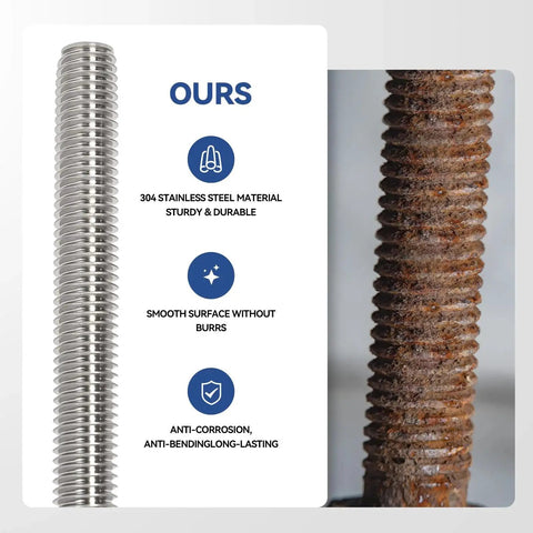 Comparison of Four Pcs M6 255mm Fully Threaded Stainless Steel Rods With Nuts Right Hand Threads 304 Grade Rust Resistant and rusty rod.