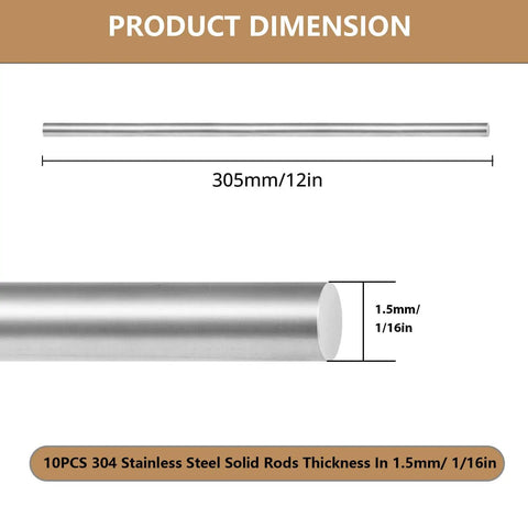 Solid Stainless Steel Rods 304, 1/16 Inch Diameter By 12 Inch Length, 10 Piece Pack, product dimensions with close-up view.