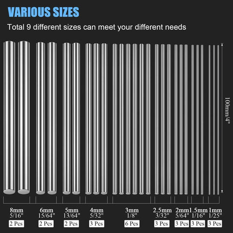 Stainless Steel Rods Assortment Kit for DIY Crafting and Model Making 27 Piece Set displayed by size, 1.0 to 8.0mm diameters