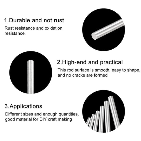 Stainless Steel Round Rods 6mm X 400mm Pack Of 5 For DIY Crafts And Model Projects Like Planes Cars And Helicopters 304 Stainless Steel Solid Shaft Rods For Gear Shafts And Motors with durability, practicality, and applications highlighted.