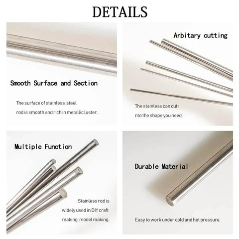 Two Pack Five Eighths Inch Diameter Eight Inches Long 304 Stainless Steel Rods For DIYers And Metalworking Durable Shafts With High Hardness And Shiny Finish Easy To Cut To Your Desired Length For Hobby Projects And Industrial Use. Image showing smooth surface, arbitrary cutting, multiple function, and durable material.