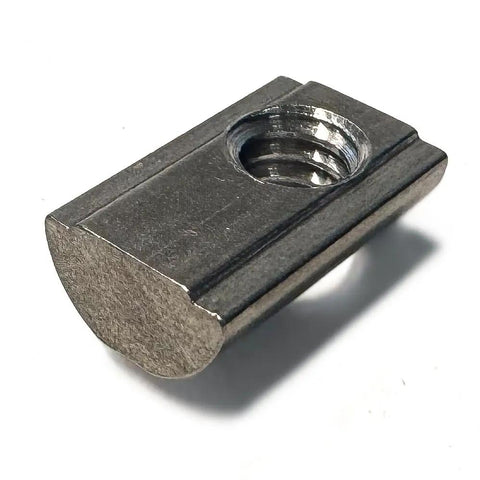 Ten Series Stainless Steel Self Aligning Roll In T Nut With Ball Spring For One Quarter Twenty Thread 25 Pack, side view