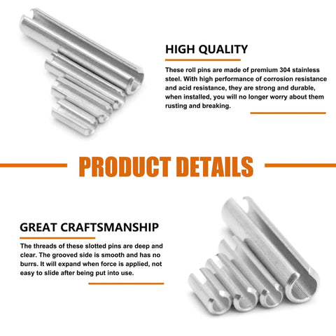 220pcs Roll Pin Set, Stainless Steel Slotted Spring Pin Assortment Kit M1.5 M2 M2.5 M3 M4 M5 M6 product and material details