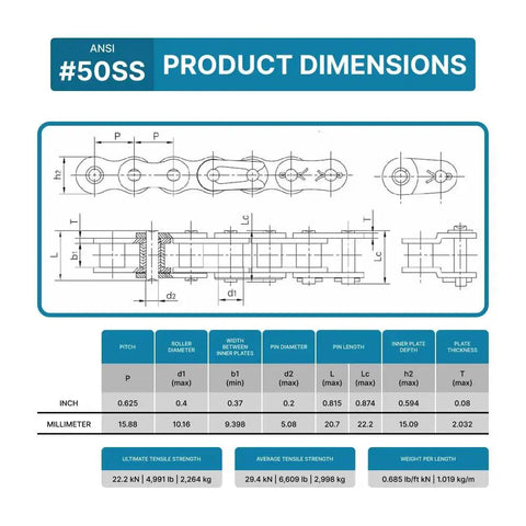 Product dimensions chart for Stainless Steel Roller Chain No 50 Pitch Five Eighth Inch Ten Foot Length With Two Free Connecting Links.