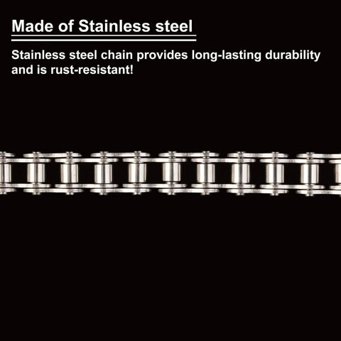ANSI 40SS 08A Stainless Steel Roller Chain 10 Feet Single Strand displayed against black background, close-up view