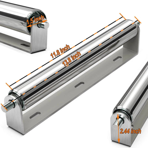 1.5" Diameter Stainless Steel Roller with Bracket Set, 11.8" BF Length, 2-Pack, showing multiple angles and dimensions