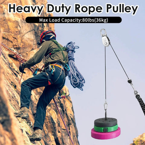 Climber using a 12 Pack M15 Pulleys for Rope, 304 Stainless Steel Wire Rope Cable Pulley for lifting on a rocky surface, 80lbs capacity
