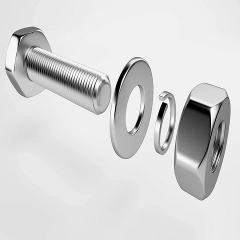 M3x6mmx0.5mm Stainless Steel Round Flat Washer for Bolt Screw 100Pcs shown with bolt and nut