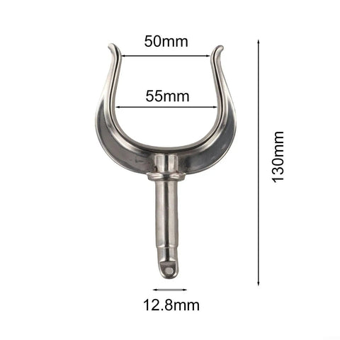 Front view of a 316 stainless steel rowlock for rowboat/dinghy side-mount; U-shaped with mounting shaft.