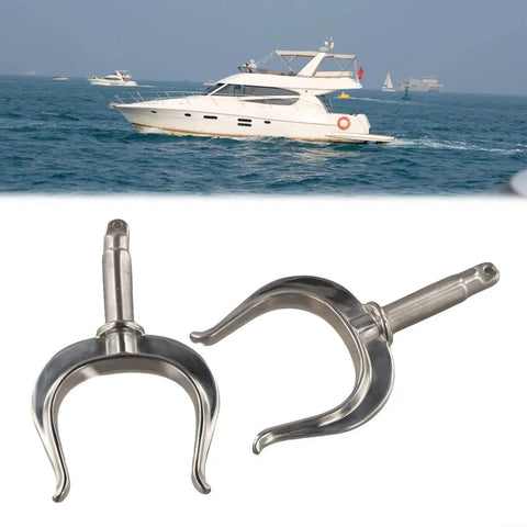 Rowlocks: close-up of two 316 stainless steel side-mount oar locks for rowboats; marine-grade, adjustable