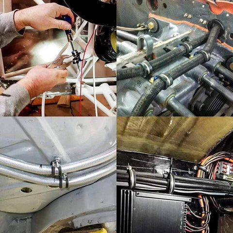Installation of Twenty Pack Half Inch Stainless Steel Cable Clamp With Rubber Cushioned Insulation securing wires and pipes