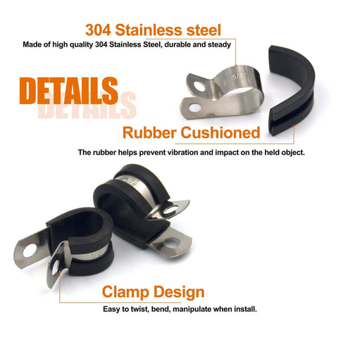 Close-up of 52 Piece Cable Clamps Assortment Kit With 304 Stainless Steel Rubber Cushioned Pipe Clamps, detailing materials and design.