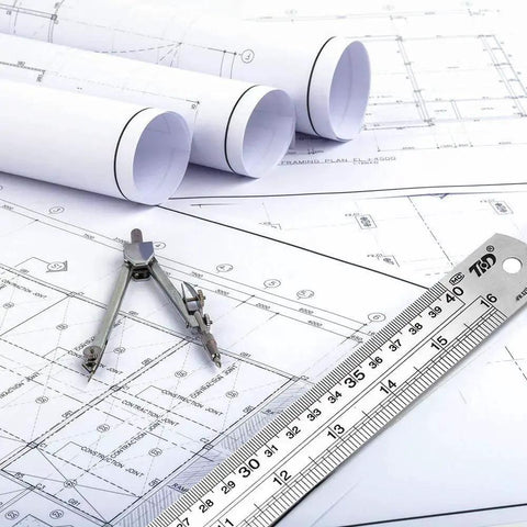 Stainless Steel Ruler Metal Straight Edge 6 Inch Ruler Set 12 Pack shown with drafting blueprints and compass
