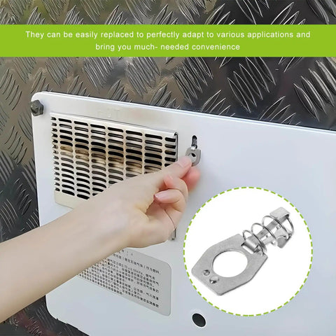 Secure, vibration-resistant cam lock keeps RV water heater doors firmly closed on the road, in use on heater panel