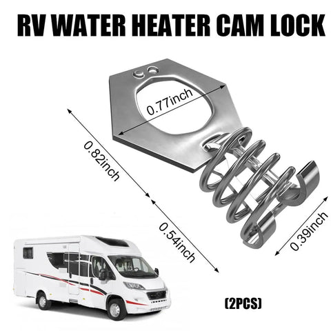 Two Pack Stainless Steel RV Water Heater Cam Lock Door Latch Fastener with Hook Twist Assembly shown with dimensions.