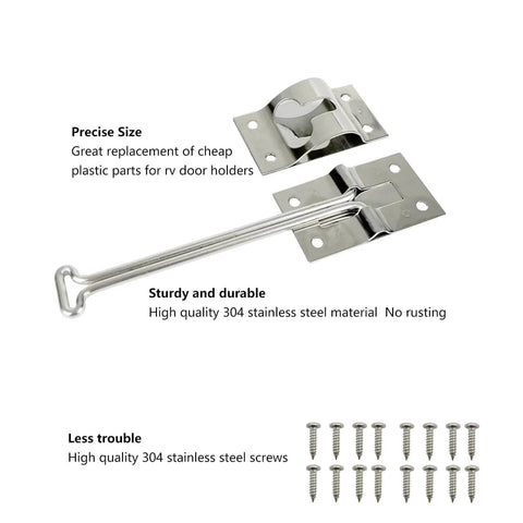 304 Stainless Steel RV Door Latch And Trailer Door Latch 6 Inch T Style Door Holder with screws displayed
