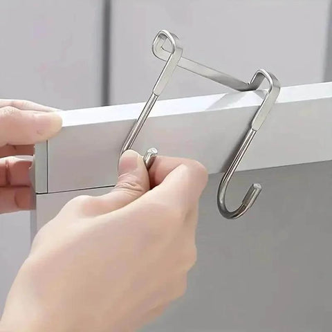 Two Pack Stainless Steel S Hooks No Drill Multipurpose Hanging Hooks For Kitchen Bedroom And Bathroom in use on cabinet