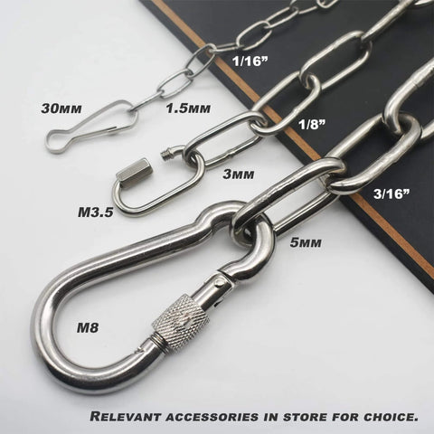 ✝️ 1/16 inch(1.5mm) Wire Diameter Stainless Steel Safety Chains 20 inch Long Link Rings Light Duty Coil Chain for Hanging Pulling Towing, 1/16"x 20" (2Pcs) displayed with metal accessories.