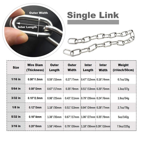 ✝️ 1/16 inch(1.5mm) Wire Diameter Stainless Steel Safety Chains 20 inch Long Link Rings Light Duty Coil Chain specification chart