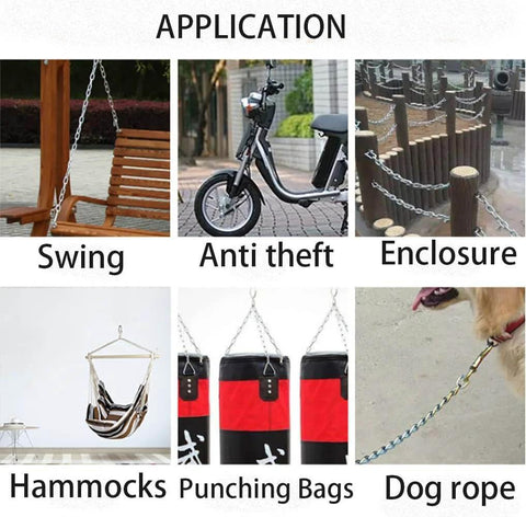 Applications of Stainless Steel Safety Chains 50CM (L) x 3MM (T) for swings, anti-theft, enclosures, hammocks, punching bags, and dog ropes.