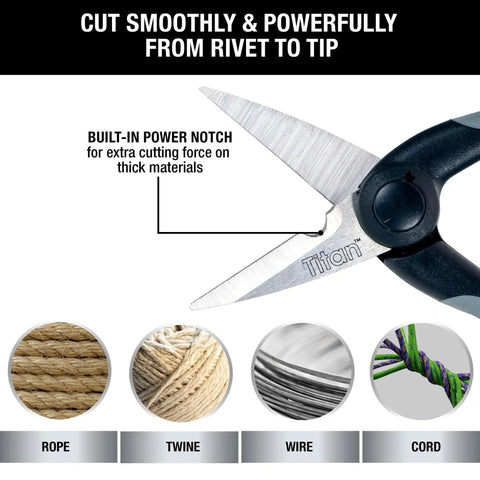 Close-up of Heavy Duty 5.5 Inch Stainless Steel Scissors With Power Notch, showing cutting ability on rope, twine, wire, and cord.