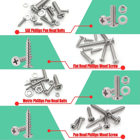 Twidec/2002PCS 304 Stainless Steel Hardware Assortment Kit, Metric & SAE screws including Phillips pan head and flat head screws.