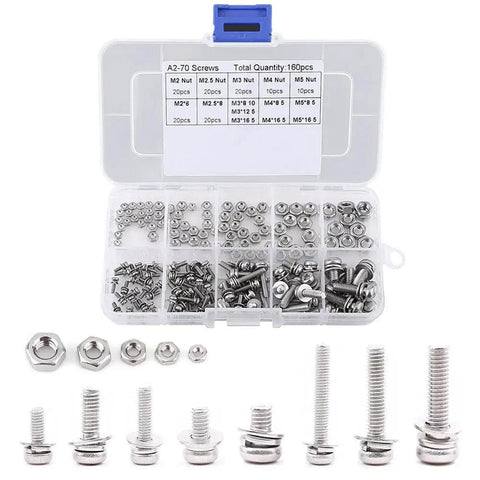 304 Grade Stainless Steel Screw And Nut Kit With 160 Pieces M2 M2.5 M3 M4 M5 Assortment in Storage Box