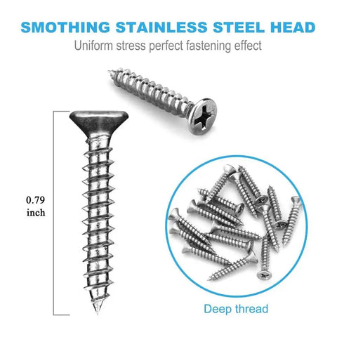 Close-up of stainless steel screw with smothing head, deep thread, 0.79 inch length, ideal for uniform stress fastening
