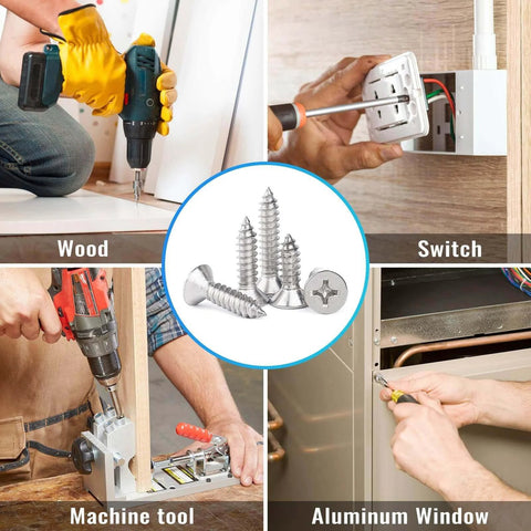 460 Pcs Stainless Steel Wood Screws Assortment Kit with 18 Sizes #4 #6 #8 #10 #12 Flat Head Self Tapping for various projects.