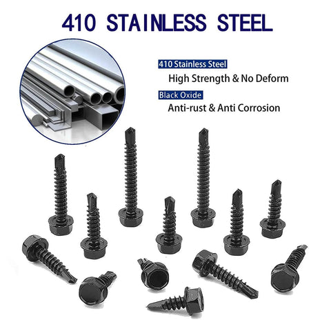 100pcs 410 Stainless Steel #8x3/4 Hex Washer Head Self Drilling Screws, Black Oxide Self Tapping Tek Screws, corrosion resistant hardware.