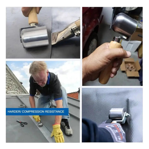 Stainless Steel Seam Roller for PVC TPO EPDM Roofing and Vinyl Decking, showing use in roof installation and detailed views.