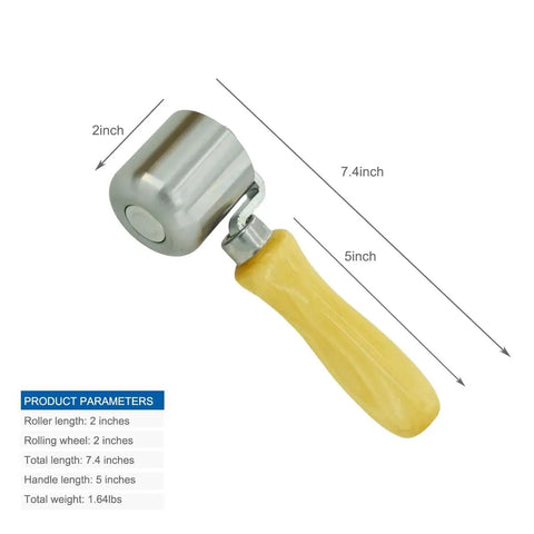 Stainless Steel Seam Roller for PVC TPO EPDM Roofing and Vinyl Decking, 7 Inch Length, wooden handle with measurement details