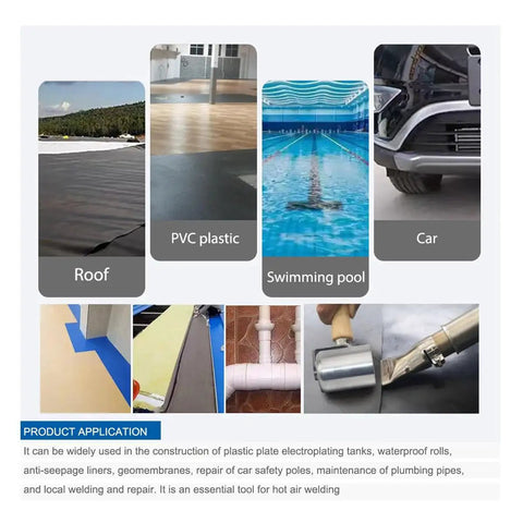 Product application of roofing, PVC plastic, swimming pool, and car with focus on Stainless Steel Seam Roller for PVC TPO EPDM Roofing.