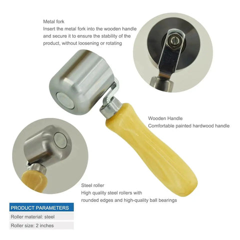 Stainless Steel Seam Roller with wooden handle, metal fork, and roller for PVC TPO EPDM roofing and vinyl decking, details view