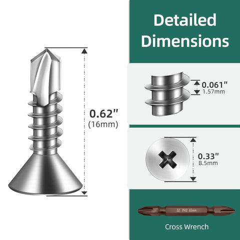 400pcs #10 x 5/8 410 Stainless Steel Flat Head Self Drilling Screws dimensions and details